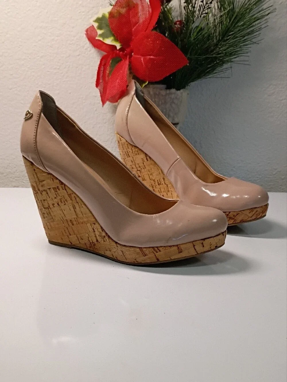 Thalia Sodi Nude Patent Platform Pumps with Cork-Style Sole